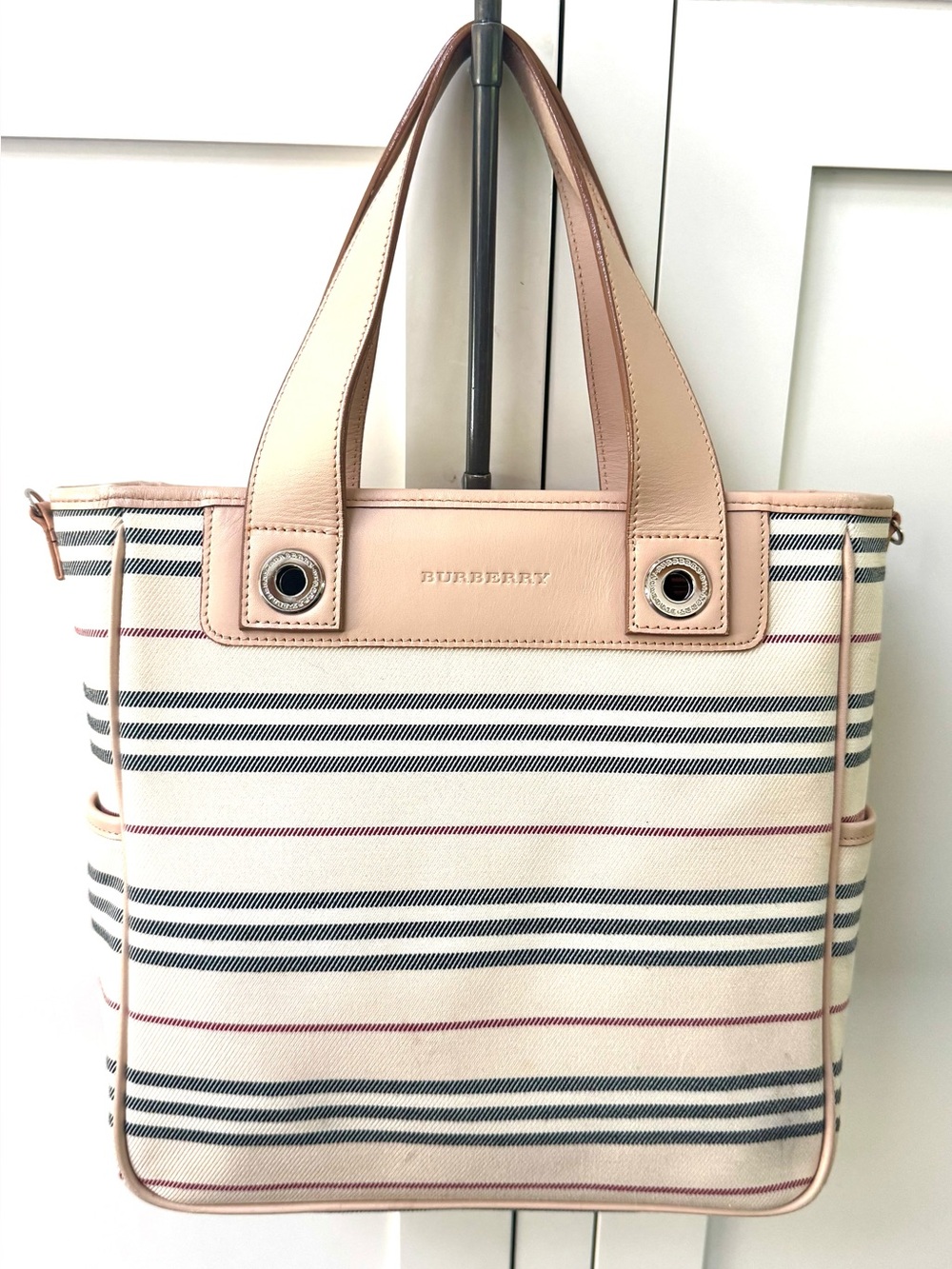 BURBERRY 2-Way Canvas Leather Bag/ Tote Crossbody Beige Stripe